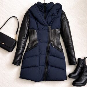 Rudsak Down Jacket Leather Sleeve Puffer Navy Size Small Fitted Coat